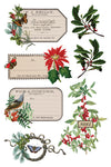 Transfer sheet with vintage labels, holly sprigs, butterflies, and poinsettias.