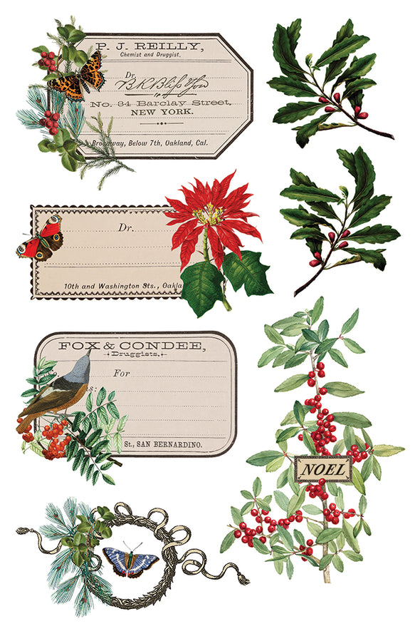 Transfer sheet with vintage labels, holly sprigs, butterflies, and poinsettias.