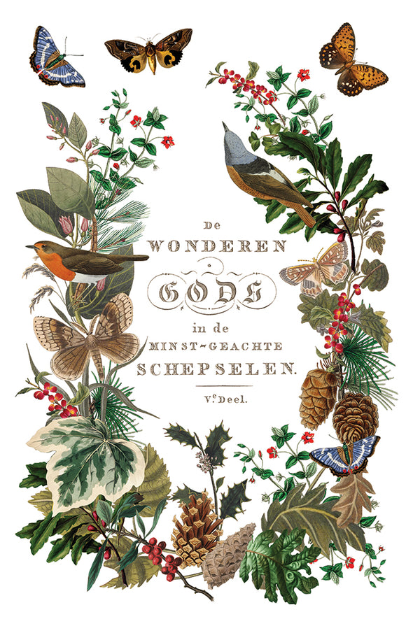Transfer sheet featuring full wreath design of birds, butterflies, pinecones, and holly leaves.