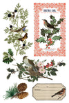 Transfer sheet with vintage labels, holly sprigs, butterflies, and poinsettias.