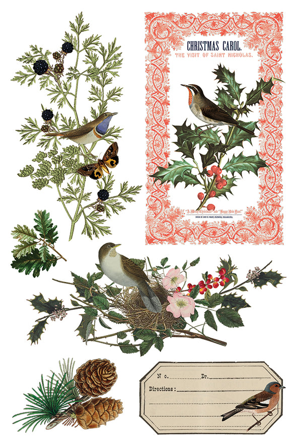 Transfer sheet with vintage labels, holly sprigs, butterflies, and poinsettias.