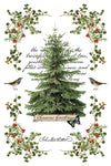 Transfer sheet featuring fir tree centerpiece with holly sprigs, birds, and “Season’s Greetings” text.