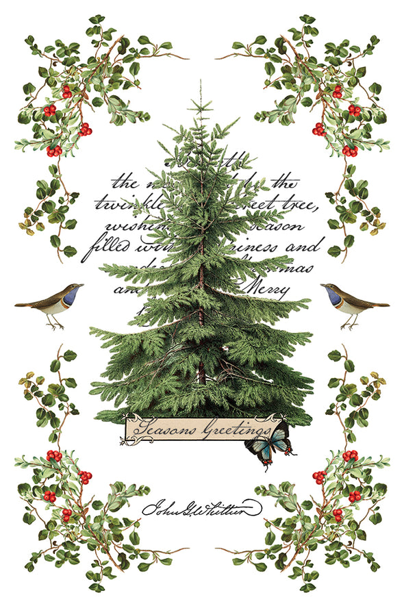 Transfer sheet featuring fir tree centerpiece with holly sprigs, birds, and “Season’s Greetings” text.