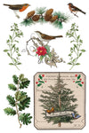 Transfer sheet with birds, pinecones, florals, greenery, and vintage apothecary-style Christmas tree label.
