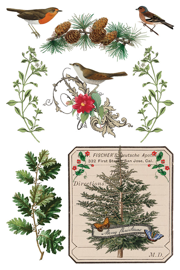 Transfer sheet with birds, pinecones, florals, greenery, and vintage apothecary-style Christmas tree label.