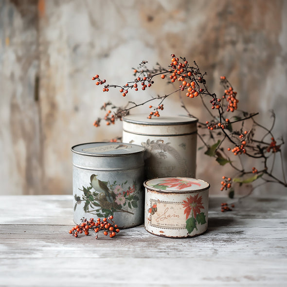 Example project with Winter Botanist transfers applied to vintage tin containers.